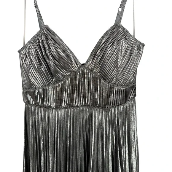 marchesa notte silver dress Metallic Lame Pleated Gown